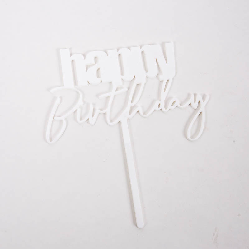 CURSIVE HAPPY BIRTHDAY CAKE TOPPER - WHITE