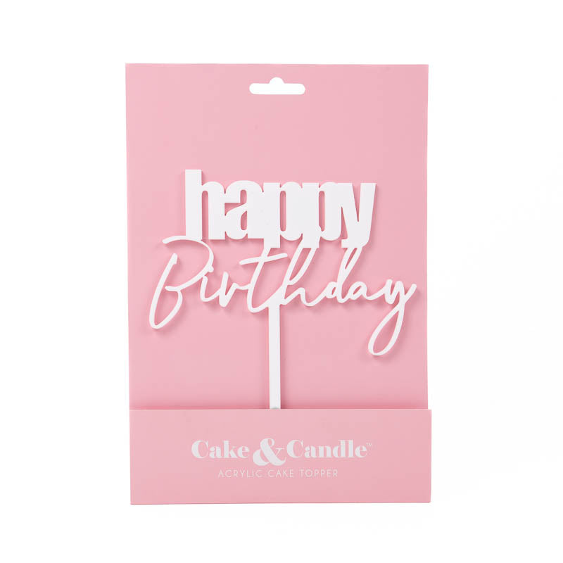 CURSIVE HAPPY BIRTHDAY CAKE TOPPER - WHITE