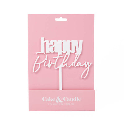 CURSIVE HAPPY BIRTHDAY CAKE TOPPER - WHITE