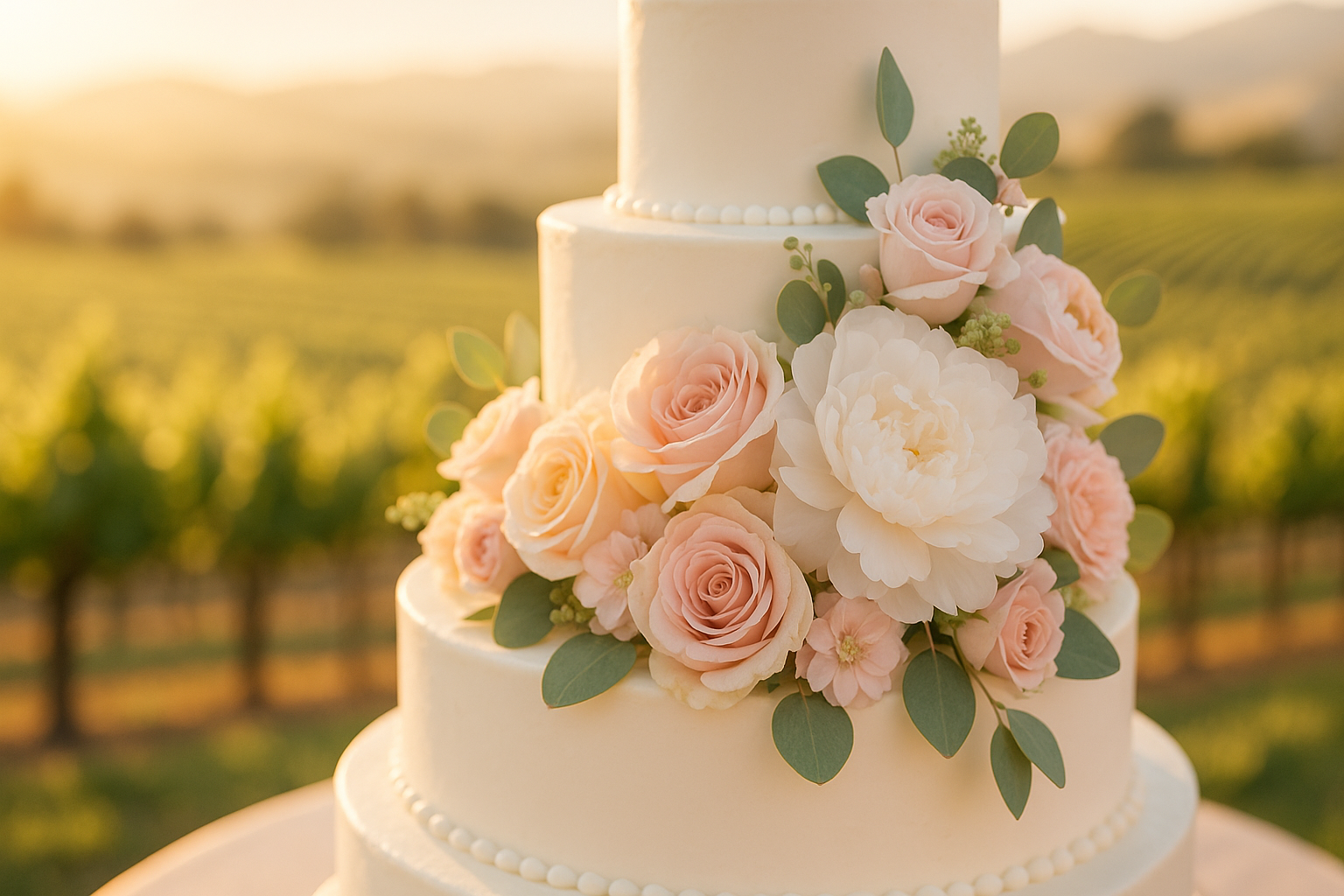 close up image of a beautiful wedding cake covered in fresh flowers at a winery in the background with the afternoon sun shining