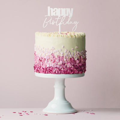 CURSIVE HAPPY BIRTHDAY CAKE TOPPER - WHITE