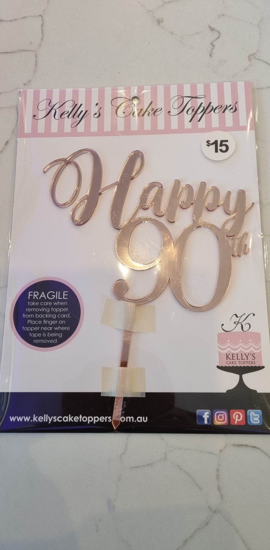 Rose Gold Acrylic Topper Happy 90th - Curly Script
