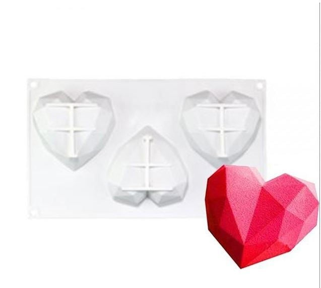 3 CAVITY 3D GEOMETRIC DIAMOND HEART SILICONE CAKE MOULD