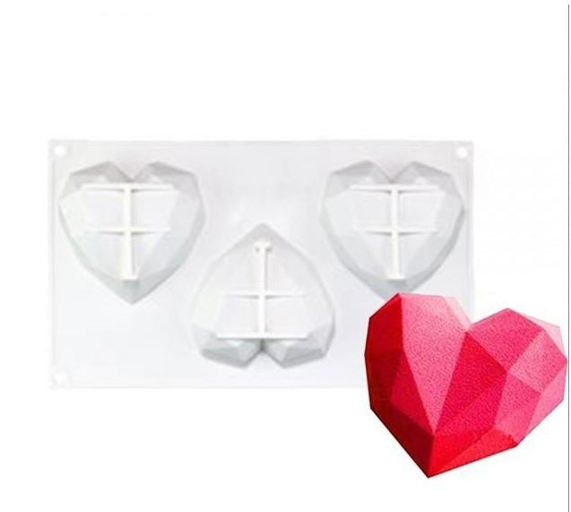 3 CAVITY 3D GEOMETRIC DIAMOND HEART SILICONE CAKE MOULD (ONLINE ONLY)