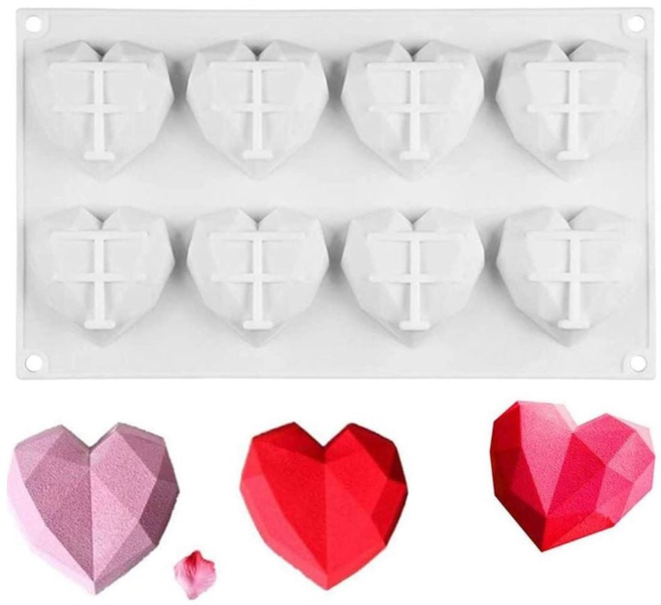 8 CAVITY 3D GEOMETRIC DIAMOND HEART SILICONE CAKE MOULD