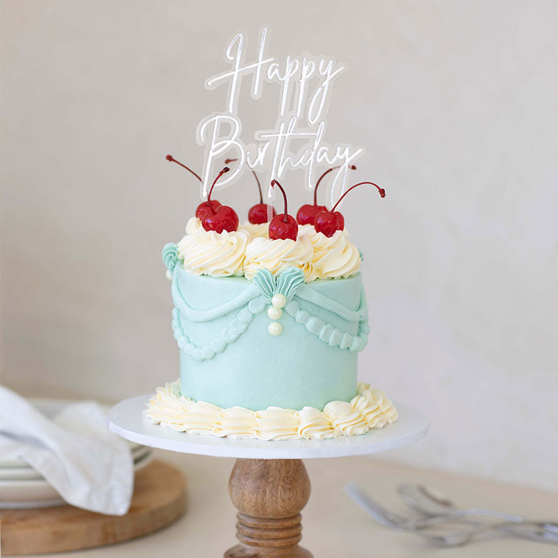 SILVER / CLEAR LAYERED CAKE TOPPER - HAPPY BIRTHDAY