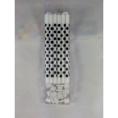 Long Candle with Holder - White with Black Polkadots