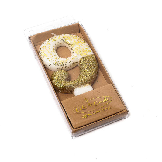 8CM GOLD GLITTER DIPPED CANDLE - NUMBER 9