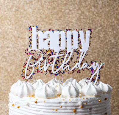 LAYERED RAINBOW GLITTER HAPPY BIRTHDAY CAKE TOPPER