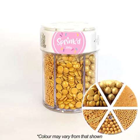 SPRINK'D | 6 CAVITY JAR | SUGAR BALLS/JIMMIES/SEQUINS/SANDING SUGAR | GOLD SHINY | 200G