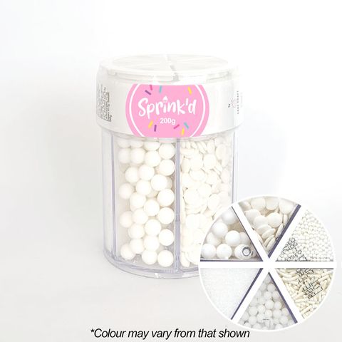 SPRINK'D | 6 CAVITY JAR | SUGAR BALLS/JIMMIES/SEQUINS/SANDING SUGAR | WHITE | 200G